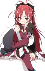 Rule 34 | 1girl, bare shoulders, boots, crossed legs, hand on own cheek, hand on own face, ixy, knee boots, long hair, magical girl, mahou shoujo madoka magica, mahou shoujo madoka magica (anime), raised eyebrow, red eyes, red hair, sakura kyoko, shadow, simple background, sitting, smirk, smug, soles, solo, thighhighs, very long hair, white background