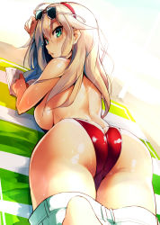 Rule 34 | 1girl, ass, ass cutout, backboob, beach towel, bikini, blonde hair, blush, book, breast press, breasts, butt crack, clothes pull, clothing cutout, curvy, day, female focus, green eyes, hairband, highres, huge ass, kekemotsu, large breasts, long hair, looking back, lying, mole, mole under eye, on stomach, original, outdoors, red bikini, shiny skin, shorts, shorts pull, solo, sunglasses, sweat, swimsuit, thick thighs, thighs, topfreedom, towel, wide hips