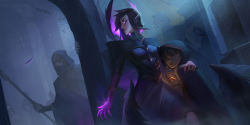 Rule 34 | 1boy, 2girls, absurdres, alternate costume, black cape, black robe, breasts, cape, colored sclera, colored skin, dreadlocks, dress, glowing, glowing eyes, half mask, highres, holding, holding weapon, hood, hood up, league of legends, long sleeves, mask, medium breasts, morgana (league of legends), multiple girls, pink sclera, pointy ears, purple cape, purple dress, purple hair, purple skin, robe, short hair, smile, two-sided cape, two-sided fabric, vincent t (oriaarts), weapon, white eyes, wings
