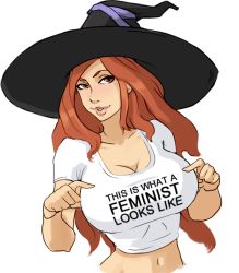 Rule 34 | 1girl, breasts, cleavage, clothes writing, dragon&#039;s crown, drawfag, hat, huge breasts, large breasts, lips, midriff, navel, pointing, pointing at self, red hair, shirt, solo, sorceress (dragon&#039;s crown), t-shirt, taut clothes, taut shirt, witch hat