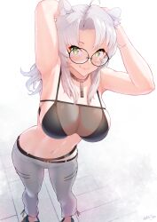 Rule 34 | 1girl, animal ears, armpits, arms behind head, arms up, bare shoulders, belt, bikini, black bikini, blush, breasts, choker, cleavage, collarbone, commission, glasses, green eyes, highres, large breasts, long hair, looking at viewer, nanahime, navel, original, pants, skeb commission, smile, solo, swimsuit, thighs, white hair, white pants