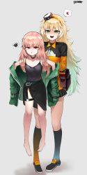 Rule 34 | 2girls, :o, absurdres, artist name, bare legs, bare shoulders, barefoot, belt, black choker, black shirt, black skirt, blonde hair, blush, breasts, choker, clothes pull, commission, driver-vibl, full body, girls&#039; frontline, green belt, green eyes, green jacket, heart, highres, jacket, jacket pull, large breasts, legs, long hair, long sleeves, looking at viewer, multicolored clothes, multicolored jacket, multiple girls, neck ribbon, official alternate costume, open mouth, pink hair, red eyes, ribbon, s.a.t.8 (girls&#039; frontline), saliva, shirt, shoes, simple background, skirt, small breasts, smile, socks, standing, teeth, type 80 (girls&#039; frontline), type 80 (steel butterfly) (girls&#039; frontline), upper teeth only