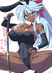 Rule 34 | 1girl, animal ears, bare shoulders, between breasts, black leotard, blue hair, borrowed character, breasts, bright pupils, closed mouth, covered erect nipples, covered navel, dark-skinned female, dark elf, dark skin, detached collar, detached sleeves, elf, fake animal ears, highleg, highleg leotard, highres, holding, holding sword, holding weapon, katana, large breasts, leotard, long hair, looking at viewer, necktie, necktie between breasts, nishiumi yuuta, original, playboy bunny, pointy ears, ponytail, rabbit ears, red necktie, simple background, smile, solo, spread legs, squatting, sword, tattoo, weapon, white background, yellow eyes