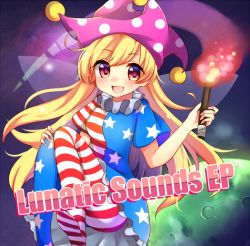 Rule 34 | 1girl, album cover, american flag dress, american flag legwear, american flag shirt, blonde hair, blush, clownpiece, cover, dress, english text, fairy wings, hat, jester cap, long hair, looking at viewer, moon, neck ruff, open mouth, pantyhose, print pantyhose, red eyes, ruhika, short sleeves, smile, solo, star (symbol), striped clothes, striped dress, striped pantyhose, text focus, touhou, wings