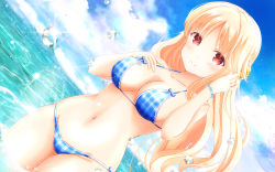 Rule 34 | 1girl, arm up, bare shoulders, bikini, blonde hair, blue bikini, blue sky, blush, breasts, cleavage, closed mouth, cloud, cloudy sky, collarbone, commentary request, day, dutch angle, eyebrows, flower, girlfriend (kari), glint, hair flower, hair ornament, hand on own chest, highres, large breasts, light rays, long hair, looking at viewer, masa (mirage77), navel, ocean, outdoors, partially submerged, plaid, plaid bikini, raised eyebrows, red eyes, sasahara nonoka, sky, smile, solo, standing, sunbeam, sunlight, swimsuit, thighs, wading, wallpaper, water, water drop, waves