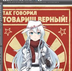 Rule 34 | 10s, 1girl, blue eyes, canteen, commentary, flat cap, hammer and sickle, hat, hibiki (kancolle), hip flask, ido (teketeke), jacket, kantai collection, long hair, looking at viewer, russian text, scarf, solo, star (symbol), translated, unfinished, upper body, verniy (kancolle), white hair