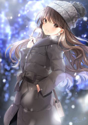 Rule 34 | 1girl, bag, beanie, black bow, black coat, blurry, blurry background, blush, bow, breath, brown eyes, brown hair, coat, commentary request, depth of field, earrings, grey hat, hair between eyes, hand in pocket, hand up, handbag, hat, holding, holding bag, jewelry, kagachi saku, long hair, long sleeves, looking at viewer, original, parted lips, signature, smile, solo, very long hair
