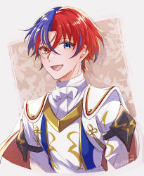 Rule 34 | 1boy, alear (fire emblem), alear (male) (fire emblem), blue eyes, blue hair, cape, fire emblem, fire emblem engage, hair between eyes, heterochromia, highres, male focus, multicolored hair, nintendo, open mouth, red eyes, red hair, short hair, simple background, smile, solo, two-tone hair, upper body, yutohiroya