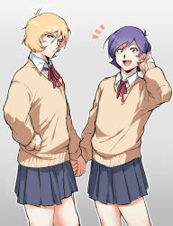 Rule 34 | 2boys, :d, blonde hair, blue eyes, blue skirt, cardigan, char aznable, collared shirt, crossdressing, garma zabi, gradient background, grey background, grey eyes, gundam, hand on own hip, holding hands, kade punch, long sleeves, looking at viewer, male focus, mobile suit gundam, multiple boys, neck ribbon, notice lines, open mouth, outline, pleated skirt, purple hair, red ribbon, ribbon, school uniform, shirt, short hair, simple background, skirt, smile, white background, white outline, white shirt, yellow cardigan