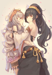 Rule 34 | 2girls, :o, animal ears, back, bare back, bare shoulders, black hair, cat ears, cat girl, closed mouth, detached sleeves, female focus, gujianshaonu, hair ornament, hug, long hair, looking at another, looking at viewer, looking back, multiple girls, open mouth, orange eyes, petals, ponytail, smile, standing, staring, strapless, white hair, yellow eyes, yuri
