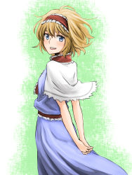 Rule 34 | 1girl, alice margatroid, arms behind back, ascot, blonde hair, blue dress, blue eyes, blush, capelet, dress, from behind, hairband, highres, interlocked fingers, nip to chip, open mouth, sash, short hair, smile, solo, touhou