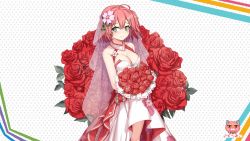 Rule 34 | 1girl, absurdres, ahoge, alternate costume, blush, bouquet, breasts, bridal veil, cat, cherry blossom print, cherry blossoms, cleavage, cleavage cutout, clothing cutout, crying, crying with eyes open, dress, dyx217, floral print, flower, green eyes, hair ornament, hairclip, highres, holding, holding bouquet, hololive, kintoki (sakura miko), leaf, pink hair, red flower, red rose, rose, sakura miko, sakura miko (old design), side ponytail, tears, veil, virtual youtuber, wedding dress