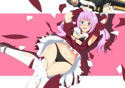 Rule 34 | 1girl, absurdres, ankle strap, arms up, assault lily, bikini, bikini under clothes, black bikini, blue eyes, blush, bow, bowtie, breasts, brown footwear, cameltoe, clothes lift, commentary request, drop shadow, exploding clothes, feet out of frame, frilled skirt, frilled sleeves, frills, hair bow, highres, holding, holding weapon, kanba girls high school uniform, knees together feet apart, leg up, long hair, long sleeves, looking ahead, medium breasts, miniskirt, navel, nose blush, open mouth, pink background, pink hair, red bow, red shirt, red skirt, sadamori himeka, school uniform, senri (senri03151221), shirt, shoes, skirt, skirt lift, solo, standing, standing on one leg, stomach, swimsuit, teeth, thigh bow, thigh gap, thighhighs, torn clothes, torn shirt, torn skirt, torn sleeves, torn thighhighs, twintails, two-tone background, upper teeth only, wavy mouth, weapon, white background, white bow, white bowtie, white thighhighs