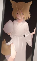 Rule 34 | 1girl, animal ear fluff, animal ears, blonde hair, blush, breasts, commentary request, doorway, dutch angle, feet out of frame, fox ears, fox tail, hair between eyes, highres, holding, holding pillow, kanpa (campagne 9), kudamaki tsukasa, pillow, robe, short hair, simple background, small breasts, smile, solo, tail, touhou, yellow eyes