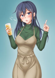 Rule 34 | 1girl, alternate hairstyle, anti (untea9), blouse, blue background, blush, breasts, brown dress, casual, cowboy shot, dress, drunk, earrings, glass, gradient background, green shirt, hair between eyes, highres, jewelry, kantai collection, large breasts, lips, long hair, long sleeves, looking at viewer, medium hair, official alternate costume, open mouth, shirt, solo, souryuu (kancolle), squeans, twitter username