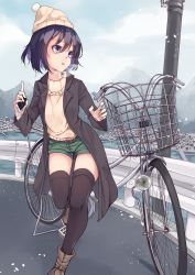 Rule 34 | 1girl, arms up, beanie, belt, bicycle, bicycle basket, black thighhighs, boots, breath, brown footwear, buckle, cellphone, cityscape, coat, commentary request, day, denim, denim shorts, green shorts, hair between eyes, hat, highres, holding, holding phone, iphone, long sleeves, mizuiro raika, original, outdoors, phone, purple eyes, purple hair, railing, road, scenery, short hair, short shorts, shorts, smartphone, solo, standing, street, thighhighs, trench coat