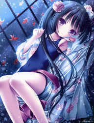 Rule 34 | 1girl, absurdres, arm behind head, armpits, black hair, collarbone, covered navel, dutch angle, eyebrows, fish, flower, hair flower, hair ornament, highres, japanese clothes, kimono, long hair, looking at viewer, one-piece swimsuit, open clothes, open kimono, original, pink flower, school swimsuit, solo, swimsuit, tinker bell (pixiv 10956015), twintails, underwater, yukata