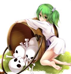 Rule 34 | 1girl, :q, bare legs, barefoot, bone, bucket, chikuwa savy, full body, green eyes, green hair, hair between eyes, hair bobbles, hair ornament, highres, japanese clothes, kimono, kisume, kneeling, licking lips, long sleeves, looking at viewer, looking back, on ground, short kimono, skull, smile, solo, tongue, tongue out, touhou, two side up, wide sleeves