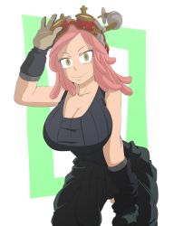 Rule 34 | 1girl, baggy pants, bare shoulders, black shirt, boku no hero academia, breasts, caisamax, cleavage, collarbone, gloves, goggles, goggles on head, hatsume mei, large breasts, looking at viewer, medium hair, pants, pink hair, ribbed shirt, shirt, smile, solo, symbol-shaped pupils, tank top, yellow eyes