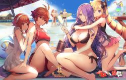 Rule 34 | 4boys, 4girls, :o, barefoot, beach, beer mug, bikini, black bikini, blonde hair, blue sky, breasts, camilla (fire emblem), commentary request, cup, day, drill hair, drinking glass, elise (fire emblem), elise (summer) (fire emblem), feet, fire emblem, fire emblem fates, flower, flower necklace, fundoshi, hair over one eye, hinoka (fire emblem), hug, hug from behind, japanese clothes, jewelry, kurosawa tetsu, large breasts, leo (fire emblem), leo (summer) (fire emblem), long hair, looking at viewer, mug, multiple boys, multiple girls, necklace, nintendo, one eye closed, open mouth, outdoors, purple eyes, purple hair, red eyes, red hair, red tube top, ryoma (fire emblem), sakura (fire emblem), short hair, siblings, side-tie bikini bottom, sitting, sky, small breasts, smile, strapless, swimsuit, table, takumi (fire emblem), toes, tube top, twin drills, twintails, very long hair, wine glass, xander (fire emblem), xander (summer) (fire emblem)