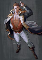 Rule 34 | 1boy, abs, beard, belt, blue eyes, boots, brown hair, epaulettes, facial hair, fate/grand order, fate (series), full body, highres, long sideburns, long sleeves, looking at viewer, male focus, military, military uniform, muscular, napoleon bonaparte (fate), open clothes, pants, pectorals, saolin (wudangx), scar, sideburns, simple background, smile, solo, uniform