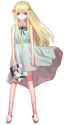 Rule 34 | 00s, 1girl, aqua eyes, blonde hair, book, dress, flat chest, full body, genshiken, long hair, pornography, sakamoto mineji, sandals, simple background, solo, standing, susanna hopkins, toes, white background, wind, wind lift, yaoi (object)