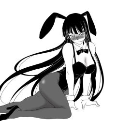 Rule 34 | 1girl, amano issui, animal ears, black hair, blush, bow, bowtie, breasts, cleavage, fake animal ears, female protagonist (houkago play), greyscale, high heels, hime cut, houkago play, large breasts, legs, leotard, long hair, monochrome, pantyhose, playboy bunny, rabbit ears, shoes, solo, very long hair