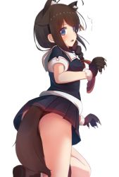 Rule 34 | 10s, 1girl, animal ears, animal hands, black panties, blue eyes, blush, braid, capelet, commentary request, cuon (kuon), from side, hair flaps, hair ornament, hair over shoulder, kantai collection, leg up, looking at viewer, open mouth, panties, pleated skirt, school uniform, serafuku, shigure (kancolle), shigure kai ni (kancolle), short sleeves, simple background, single braid, skirt, solo, sweat, tail, underwear, white background
