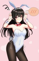 Rule 34 | 1girl, alternate costume, animal ears, black hair, black pantyhose, bow, bowtie, breasts, commentary request, counter:side, covered navel, cowboy shot, detached collar, fake animal ears, fishnet pantyhose, fishnets, leotard, long hair, osunahanko, pantyhose, pink background, playboy bunny, rabbit ears, rabbit pose, rabbit tail, red bow, red bowtie, red eyes, small breasts, solo, spoken blush, tail, traditional bowtie, white leotard, wrist cuffs, xiao lin (counter:side)
