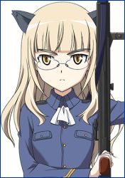 Rule 34 | 1girl, animal ears, blonde hair, cat ears, framed, glasses, long hair, lowres, perrine h. clostermann, simple background, solo, strike witches, weapon, world witches series, yellow eyes