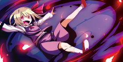 Rule 34 | 1girl, :d, blonde hair, embodiment of scarlet devil, fang, female focus, fire, hair ribbon, kumadano, open mouth, outstretched arms, red eyes, ribbon, rumia, short hair, smile, solo, spread arms, touhou