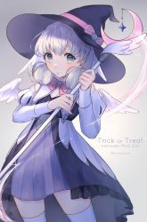 Rule 34 | 1girl, blue eyes, braid, breasts, crown braid, curly hair, female focus, gloves, halloween, hat, head wings, highres, long hair, long sleeves, looking at viewer, medium breasts, melia antiqua, mirin., puffy sleeves, silver hair, simple background, solo, staff, thighhighs, upper body, wings, witch hat, xenoblade chronicles: future connected, xenoblade chronicles (series), xenoblade chronicles 1