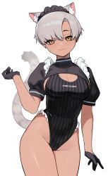 Rule 34 | 1girl, :3, absurdres, animal ear fluff, animal ears, arm at side, black gloves, black one-piece swimsuit, breasts, cat ears, cat girl, cat tail, closed mouth, clothes writing, commentary, competition swimsuit, cowboy shot, diamond-shaped pupils, diamond (shape), earrings, english commentary, frilled one-piece swimsuit, frills, gloves, grey hair, grey tail, hand up, highleg, highleg swimsuit, highres, jewelry, kara (vertigris), light blush, looking at viewer, maid headdress, medium breasts, one-piece swimsuit, original, romaji text, short hair, shrug (clothing), simple background, solo, stud earrings, swimsuit, symbol-shaped pupils, tail, vertigris, white background, yellow eyes