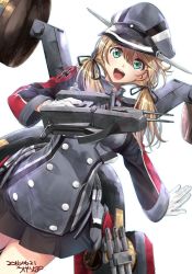 Rule 34 | 1girl, anchor hair ornament, aqua eyes, artist name, black skirt, blonde hair, cannon, cross, dated, gloves, gun, hair ornament, hat, highres, iron cross, kantai collection, looking at viewer, low twintails, machinery, microskirt, military, military hat, military uniform, open mouth, peaked cap, prinz eugen (kancolle), simple background, skirt, smile, solo, turret, twintails, twitter username, ugeppa, uniform, weapon, white background, white gloves
