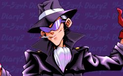 Rule 34 | 1990s (style), 1boy, 2 shot diary 2, black hair, brown gloves, character request, cigarette, coat, fedora, game cg, gloves, hat, may-be soft, pc98, purple background, retro artstyle, simple background, smoking, sunglasses, tagme, upper body