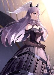Rule 34 | 1girl, absurdres, black dress, black gloves, blue eyes, blurry, breasts, cleavage, closed mouth, commentary, curly hair, depth of field, dress, elbow gloves, feathered wings, feet out of frame, gloves, grey hair, head wings, highres, long hair, looking afar, medium breasts, melia antiqua, off-shoulder dress, off shoulder, own hands together, risumi (taka-fallcherryblossom), short sleeves, solo, wings, xenoblade chronicles (series), xenoblade chronicles 1, xenoblade chronicles 3