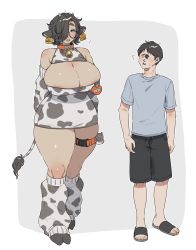 Rule 34 | 1boy, 1girl, ^^^, absurdres, animal ears, animal print, areola slip, arms at sides, arms behind back, artist name, barcode, bare shoulders, bell, black footwear, black hair, black legwear, blue eyes, blue shirt, blush, border, breasts, cleavage, collar, commentary request, cow ears, cow print, cow tail, cowbell, curvy, dated, detached sleeves, ear tag, full body, glasses, grey background, hair over one eye, half-closed eyes, heart, height difference, highres, hooves, horns, huge breasts, indie virtual youtuber, leg warmers, looking at another, medium hair, muroku-chan (muroku), muroku (aimichiyo0526), name tag, neck bell, no eyes, no mouth, no nose, pocket, pouch, safety pin, sandals, semi-rimless eyewear, shadow, shirt, short hair, short sleeves, shorts, standing, strapless, sweat, tail, tareme, thick eyebrows, thick thighs, thigh strap, thighs, translation request, tube top, twitter username, under-rim eyewear, underbust, virtual youtuber, white background, zipper, zipper pull tab