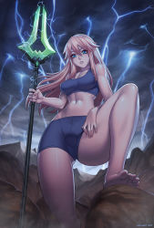 Rule 34 | 1girl, ass, bare legs, barefoot, bike shorts, blonde hair, blue eyes, breasts, electricity, energy, feet, foreshortening, from below, glowing, highres, hip focus, lightning, long hair, navel, original, pov, scar, soles, solo, speh, sports bra, staff, toes, toned, weapon