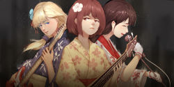 Rule 34 | 3girls, absurdres, bass guitar, blonde hair, blue eyes, bow, brown eyes, brown hair, closed eyes, eyeshadow, firefly matsuri, floral print, flower, gloves, grey background, guitar, hair bow, hair flower, hair ornament, highres, holding, holding microphone, instrument, japanese clothes, kimono, long hair, makeup, microphone, multiple girls, music, plectrum, red bow, ronnie choy, short hair, singing, upper body, white gloves, wide sleeves