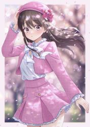 Rule 34 | absurdres, blurry, blurry background, bow, brown hair, cherry blossoms, commentary, day, hand up, hat, hat bow, highres, isshokuitaru, kimoota idol yarutteyo, long hair, long sleeves, looking at viewer, nail polish, outdoors, petals, pink bow, pink hat, pink nails, pink shirt, pink skirt, shirt, skirt, solo, symbol-only commentary, unmoving pattern, white bow, white shirt, wind