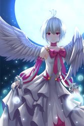 Rule 34 | 1girl, absurdres, ahoge, angel wings, antenna hair, bad id, bad pixiv id, choker, closed mouth, collarbone, detached sleeves, dress, feathered wings, fitoria (tate no yuusha no nariagari), full moon, highres, huge filesize, layered dress, long dress, long sleeves, looking at viewer, moon, night, outdoors, red eyes, short hair, silver hair, sleeveless, sleeveless dress, smile, solo, standing, striped sleeves, tate no yuusha no nariagari, user yfus3355, white dress, white wings, wings