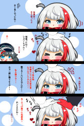 Rule 34 | &gt; &lt;, 1other, 2girls, 4koma, :d, > <, absurdres, ahoge, azur lane, black hair, black headwear, blush, chibi, closed eyes, closed mouth, comic, commander (azur lane), commentary request, deutschland (azur lane), gloves, goggles, goggles on headwear, grey hair, hands up, hat, headpat, heart, highres, kurukurumagical, little spee (azur lane), long sleeves, multiple girls, notice lines, open mouth, out of frame, peaked cap, red gloves, red hair, red scarf, scarf, smile, strapless, translation request, white gloves, white hair, xd