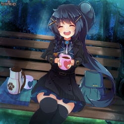 Rule 34 | 1girl, ^ ^, ascot, asymmetrical hair, backpack, bag, belt, bench, black hair, black thighhighs, blue skirt, braid, brooch, buckle, closed eyes, coffee, coffee mug, coffee pot, copyright name, cup, dennryuurai, facing viewer, hair ornament, hairclip, heart, holding, holding cup, jacket, jewelry, light particles, light rays, long hair, long sleeves, mug, open mouth, outdoors, park bench, paw print, psychic hearts, side braid, side ponytail, sitting, skirt, smile, solo, thighhighs, tongue, tree, unworn backpack, unworn bag, very long hair, watermark, zettai ryouiki