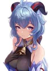 Rule 34 | 1girl, ahoge, bell, black gloves, blue hair, breasts, closed mouth, cowbell, detached sleeves, ganyu (genshin impact), genshin impact, gloves, goat horns, hand on own chest, highres, horns, leonmandala, long hair, medium breasts, purple eyes, simple background, solo, upper body, white background