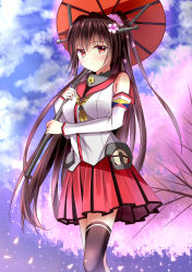 Rule 34 | 10s, 1girl, absurdres, asymmetrical legwear, black thighhighs, breasts, brown hair, cherry blossoms, flower, hair flower, hair ornament, highres, holding, holding umbrella, kantai collection, large breasts, long hair, miniskirt, ponytail, red eyes, skirt, solo, thighhighs, tongtongtong, umbrella, uneven legwear, yamato (kancolle)