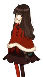 Rule 34 | 1girl, bad id, bad pixiv id, black bow, bow, brown eyes, brown hair, brown pantyhose, brown skirt, capelet, chungu, closed mouth, fur-trimmed capelet, fur trim, hair bow, hairband, kurenaino aria, long hair, looking at viewer, occultic;nine, pantyhose, red bow, red capelet, red pantyhose, simple background, skirt, solo, stuffed toy, two-tone legwear, white background