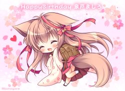 Rule 34 | 1girl, :d, ^ ^, accidental exposure, animal ears, backpack, bag, bell, black footwear, blush, bow, brown hair, character name, chibi, closed eyes, facing viewer, floral background, full body, hair between eyes, hair bow, happy birthday, heart, japanese clothes, jingle bell, kimono, long hair, long sleeves, mito mashiro, open mouth, panties, pleated skirt, randoseru, red bow, red skirt, ryuuka sane, skirt, smile, socks, solo, standing, standing on one leg, tail, tayutama, underwear, very long hair, white kimono, white panties, white socks, wide sleeves