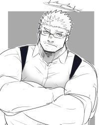 Rule 34 | 1boy, bara, bespectacled, black hair, collared shirt, crossed arms, facial hair, fire, flaming halo, glasses, greyscale, halo, large pectorals, looking to the side, male focus, mature male, monochrome, muscular, muscular male, pectorals, po fu, shirt, short hair, solo, stubble, tokyo houkago summoners, upper body, zabaniyya (housamo)