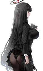 Rule 34 | 1girl, absurdres, accidental exposure, ass, black hair, black pantyhose, black skirt, black suit, blue archive, blunt bangs, blush, breasts, formal, from behind, from side, halo, highres, holster, lace, lace-trimmed panties, lace trim, large breasts, long hair, long sleeves, panties, panties over pantyhose, pantyhose, pleated skirt, red eyes, rio (blue archive), skirt, solo, suit, tablet pc, thigh holster, underwear, very long hair, wardrobe malfunction, white background, yuki (asayuki101)
