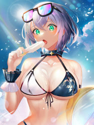Rule 34 | 1girl, :o, absurdres, armband, ball, bare shoulders, beachball, bikini, blue bikini, blush, breasts, cleavage, collar, collarbone, day, enomi (enomi), facing viewer, food, frilled cuffs, front-tie bikini top, front-tie top, green eyes, highres, holding, holding ball, holding beachball, hololive, large breasts, licking, light rays, looking at viewer, looking to the side, mole, mole on breast, outdoors, popsicle, shirogane noel, shirogane noel (summer 2020), short hair, silver hair, sky, solo, sun, sunglasses, sunglasses on head, swimsuit, tongue, tongue out, two-tone bikini, upper body, virtual youtuber, water, white bikini, wrist cuffs